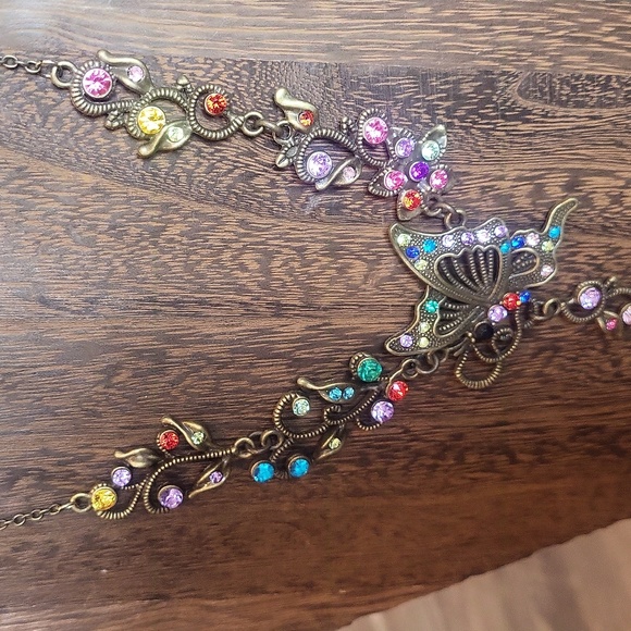 Brass Tone Multicolored Rhinestone Butterfly Pendant Necklace w/ Extender - Picture 5 of 7